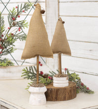 Load image into Gallery viewer, Burlap Christmas Tree Decoration with Wooden Base, 12"
